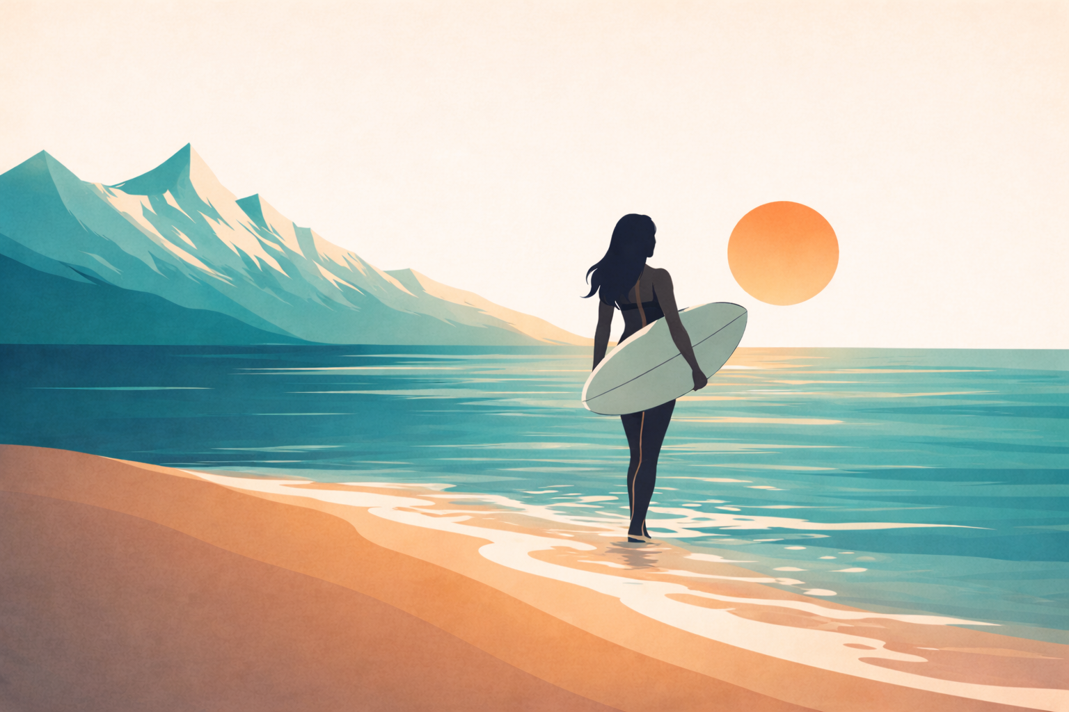 Illustration glisse minimaliste – silhouette féminine entre montagne et océan Ça farte